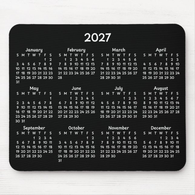 Whimsical White 2027 Kalender på Svart Musmatta (Framsidan)