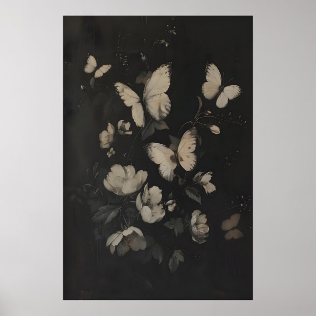 Whimsical White Butterflies and Flowers Dark Poster (Framsidan)