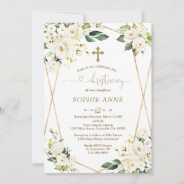 Whimsical White Flowers Guld Girl Christening Inbjudningar