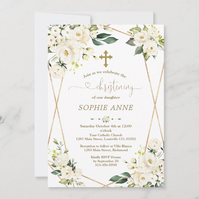 Whimsical White Flowers Guld Girl Christening Inbjudningar (Framsida)