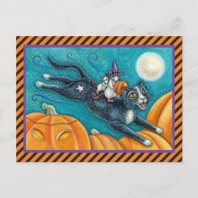 WHIMSICAL WHITE MICE RIDING HALLOWEEN BLACK CAT VYKORT (Framsida)