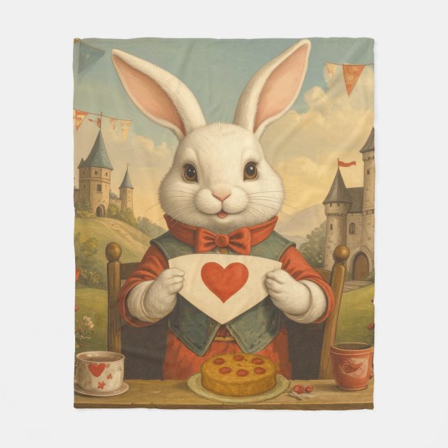 Whimsical White Rabbit Hearts Enchanted Wonderland Fleecefilt (Framsidan)
