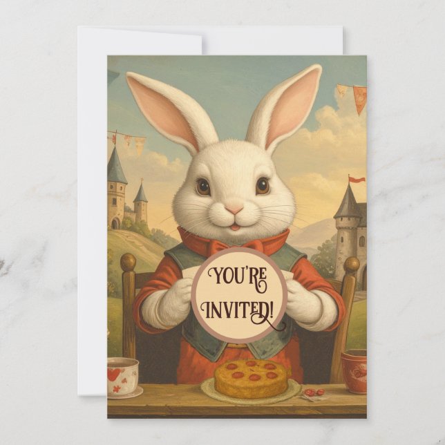 Whimsical White Rabbit Hearts Enchanted Wonderland Inbjudningar (Framsida)