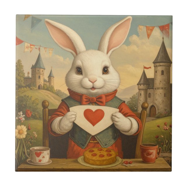 Whimsical White Rabbit Hearts Enchanted Wonderland Kakelplatta (Framsidan)