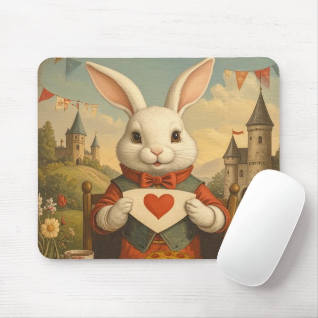 Whimsical White Rabbit Hearts Enchanted Wonderland Musmatta (Med mus)