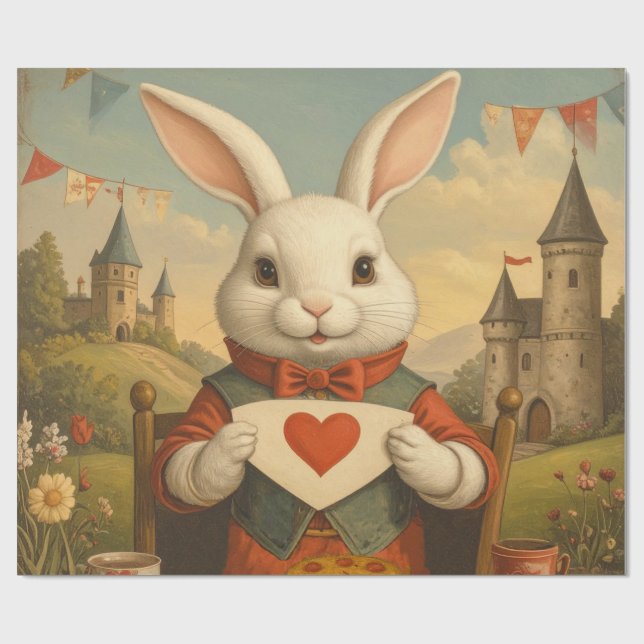 Whimsical White Rabbit Hearts Enchanted Wonderland Presentpapper (Platt)