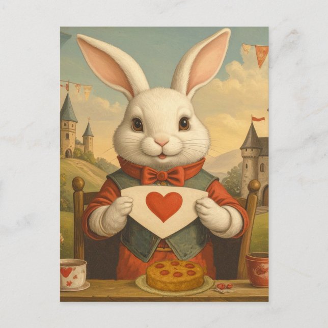 Whimsical White Rabbit Hearts Enchanted Wonderland Vykort (Framsida)