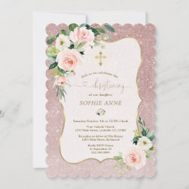 Whimsical White Rosa Blommigt Guld Girl Christenin Inbjudningar