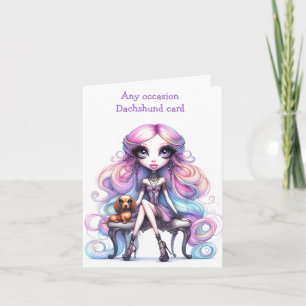 Whimsical Wide Öga Girl and Dachshund Card Kort