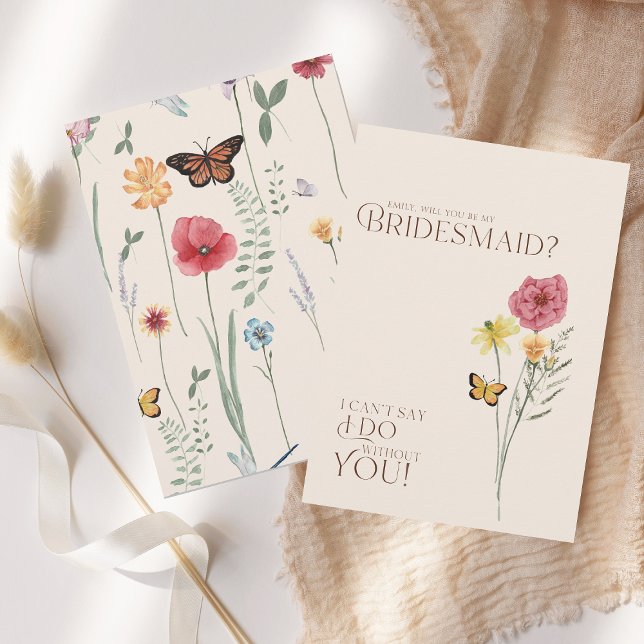 Whimsical WildblomButterfly Bridesmaid Frieri Inbjudningar (Simple Colorful Wildflower Floral Wedding Be My Bridesmaid Proposal Card)