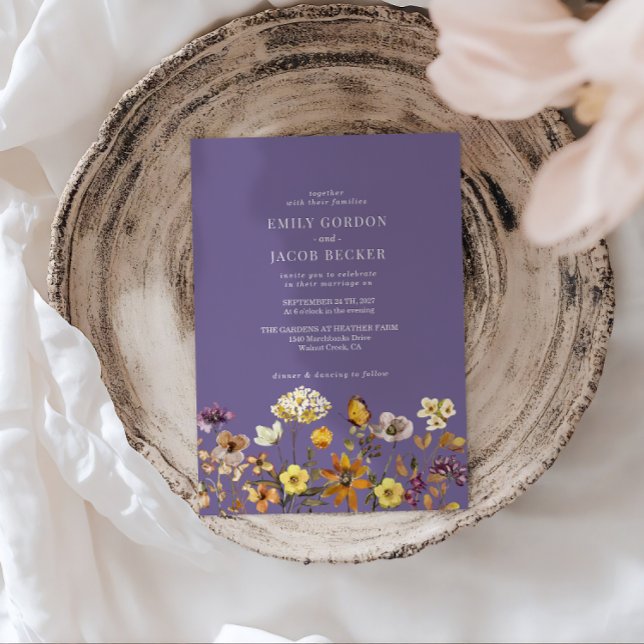Whimsical Wildblomlavender Boho Bröllop Inbjudningar (Skapare uppladdad)