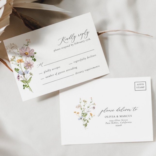 Whimsical Wildblomma Elegant bröllop OSA kort (RSVP Card Front/Back)
