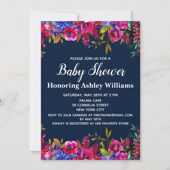 Whimsical WildblommBaby Shower Botanical Navy Inbjudningar (Framsida)