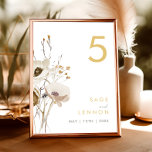 Whimsical Wildblomme Bordsnummer<br><div class="desc">Det här Whimsical Wildblomme-bordsnumret är perfekt för din enkla, elegant boho bröllop. De minimalistiska vildblommorna i vattenfärgen kommer att bidra till att förverkliga din vision! Utformningen av söt vita blommor och blommor från guld, med beröring av lila och gult, kommer säkert att fullborda er minimala falldröm från blommigt bröllop! Behålla...</div>