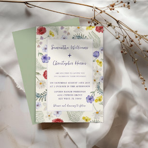 Whimsical Wildblomme Ecru & Sage Bröllop Inbjudningar