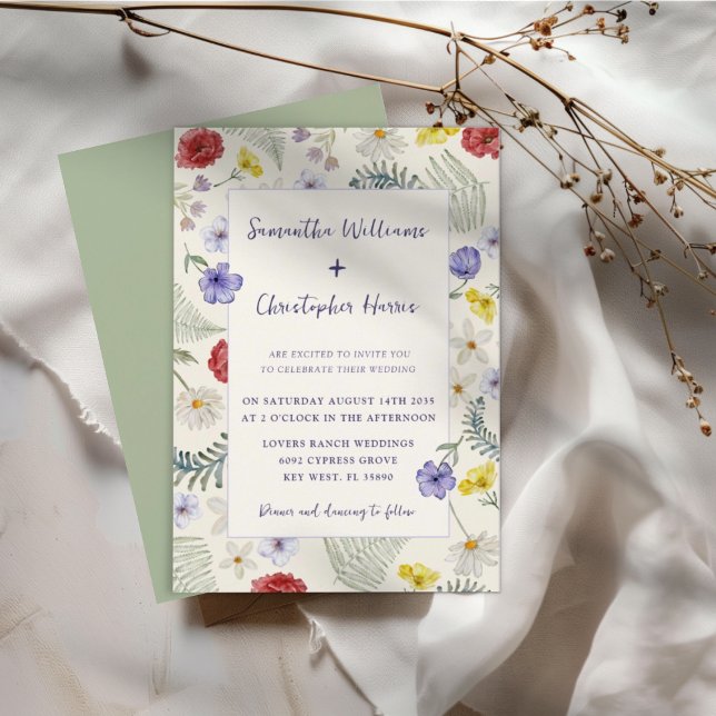 Whimsical Wildblomme Ecru & Sage Bröllop Inbjudningar (Skapare uppladdad)