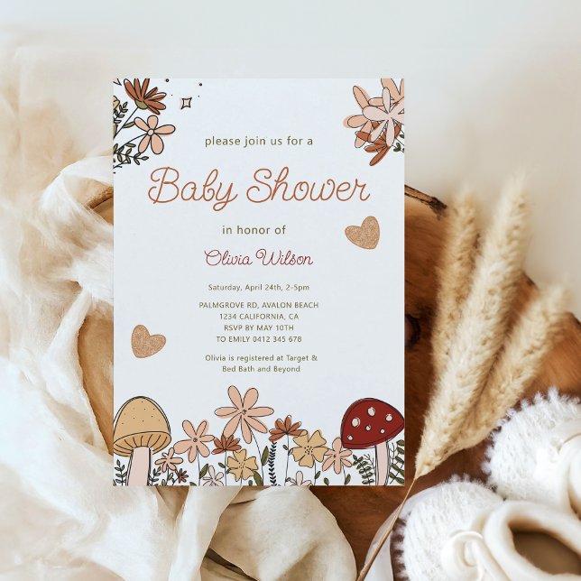 Whimsical Wildblommor Mushroom Baby Shower Inbjudningar (Whimsical Rustic cottagecore Wildflowers Mushroom Baby Shower invitation)