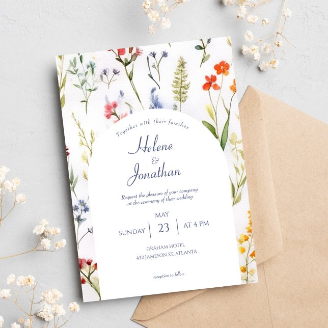 Whimsical Wildblommor Watercolor Elegant bröllop Inbjudningar (Whimsical Wildflowers Watercolor Elegant Wedding Invitation)