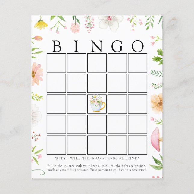 Whimsical Wildblomtea Baby Bingo-spelkort (Framsida)