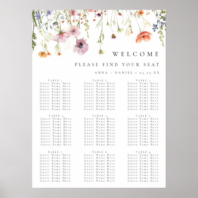 Whimsical Wildflower Bröllopsplatskarta Poster (Framsidan)