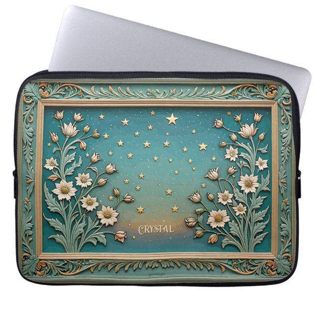 Whimsical Wildflower Evening Art Nouveau Teal Laptop Fodral (Framsidan)