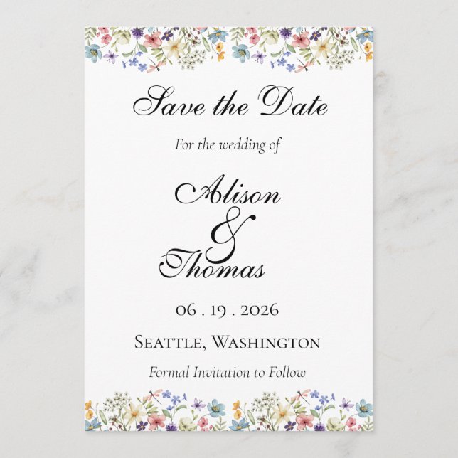 Whimsical Wildflower Meadow Wedding Save The Date Spara Datumet (Framsida)