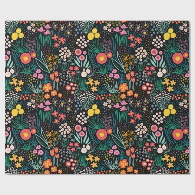 Whimsical Wildflower Mörk Trädgård Folklig Tryck Presentpapper (Platt)