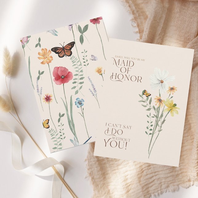 Whimsical Wildflower Tjänsteflicka Hedersförslag Inbjudningar (Simple Colorful Wildflower Floral Wedding Maid of Honor Proposal Card)