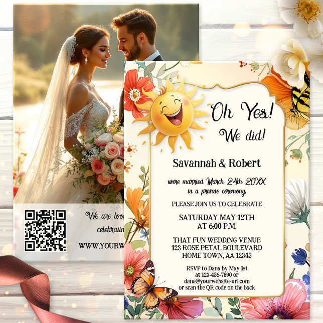 Whimsical Wildflower Wedding Reception Photo Inbjudningar (After wedding invitation features a laughing sun on a watercolor wildflower design. With photo + QR)