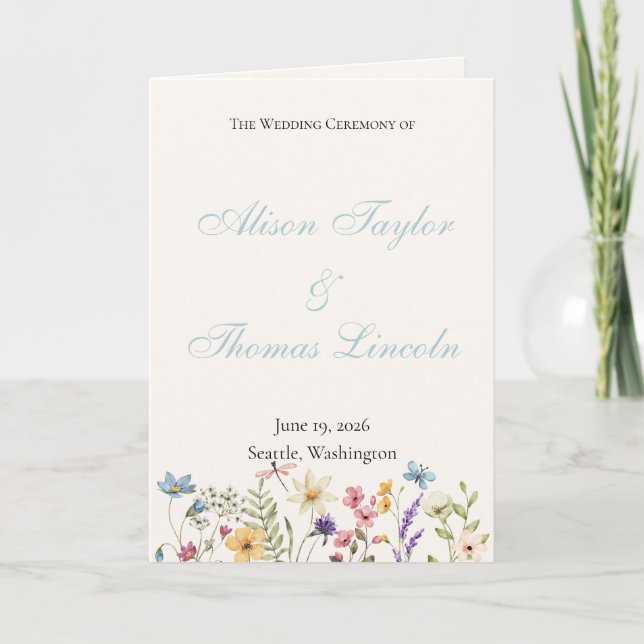 Whimsical Wildflowers Äng Bröllop  Program (Framsida)
