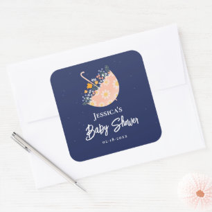 Whimsical Wildflowers & Rosa Paraply Bebis Shower Fyrkantigt Klistermärke