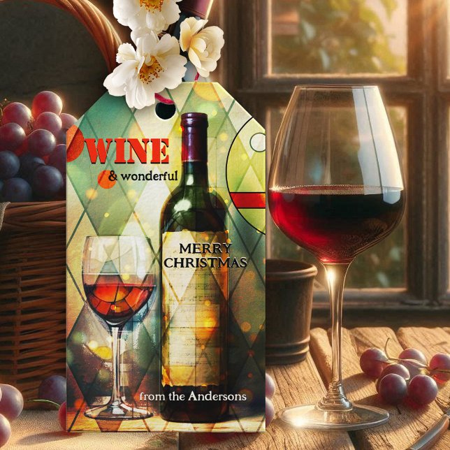 Whimsical Wine Art Merry Christmas Presentetikett (Whimsical Christmas gift tag featuring a painting of a wine glass and bottle)