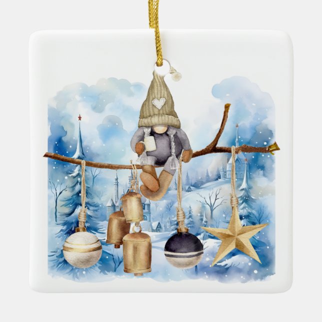 Whimsical Winter Dam Gnome God jul Julgransprydnad Keramik (Framsida)
