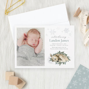Whimsical Winter Deer Baby Pojke Foto Födelse Meddelande