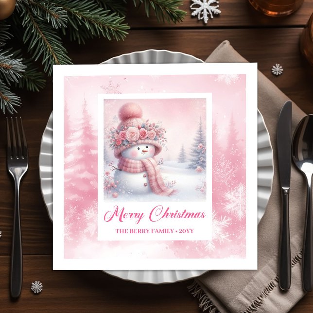 Whimsical Winter Forest Pink Snowman Christmas  Pappersservett (Whimsical Winter Forest Pink Snowman Christmas Napkins)