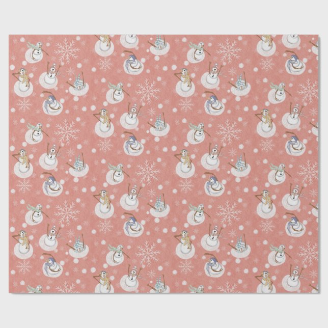 Whimsical Winter Snowmen at Play Muted Coral Pink Presentpapper (Platt)