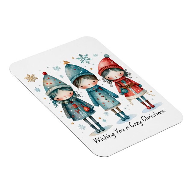 Whimsical Winter Trio- 3 Kids in Blue & Red Coats Magnet (Högersidan)