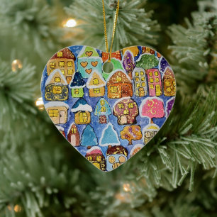 Whimsical Winter Village Folk Art Metallisk Jul Julgransprydnad Keramik