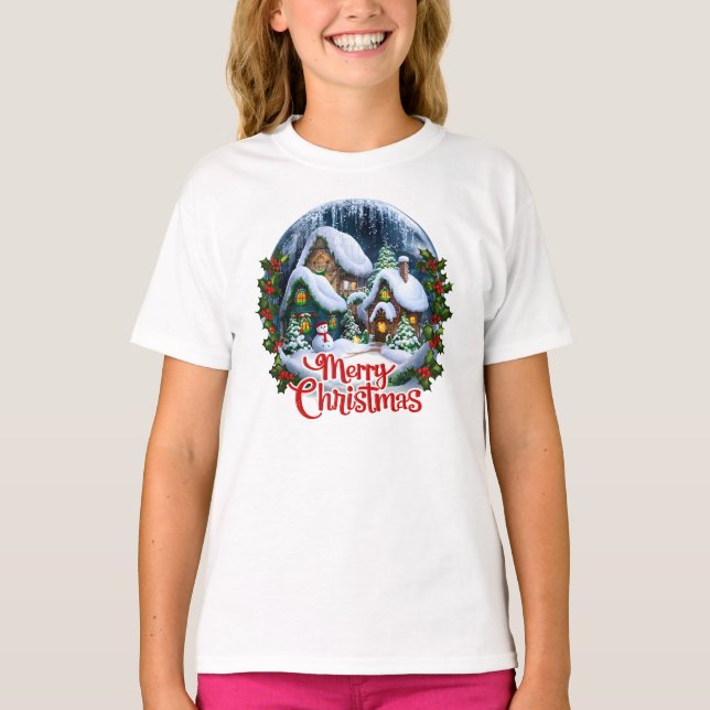 Whimsical Winter Village Snö Globe T Shirt (Framsida)