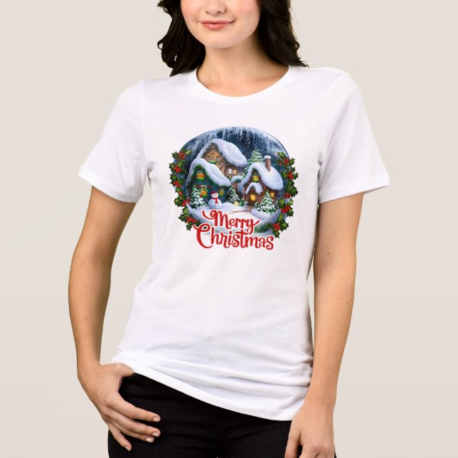 Whimsical Winter Village Snö Globe T Shirt (Framsida)