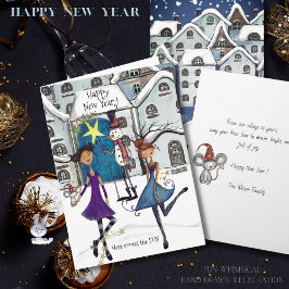 Whimsical Winterby Happy New Year hälsning Helgkort