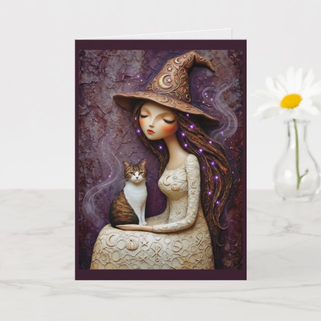 Whimsical Witch Cat Halloween Mystisk Mån Kort (Liten växt)