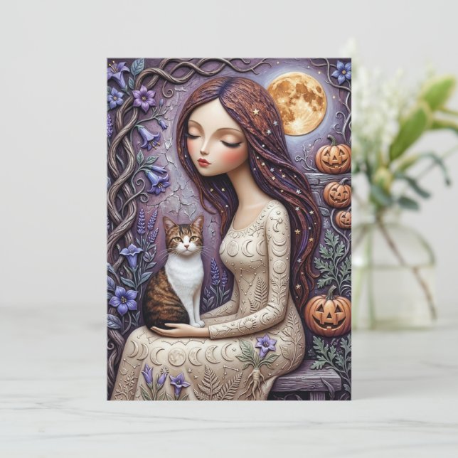 Whimsical Witch Cat Halloween Mystisk Månkort Kort (Stående Fram)