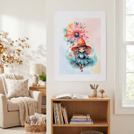 Whimsical Witch Halloween Vattenfärgstryck Poster