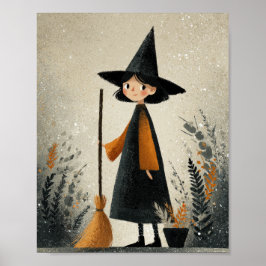 Whimsical Witch Illustration Halloween Nursery Poster