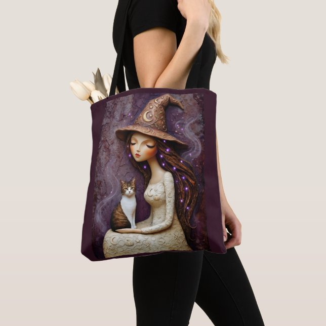 Whimsical Witch Katt Halloween Moon Tote Bag Tygkasse (Närbild)