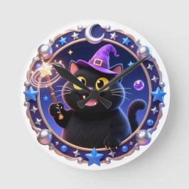 Whimsical Wizard Cat Magical Portrait Art Print Rund Klocka
