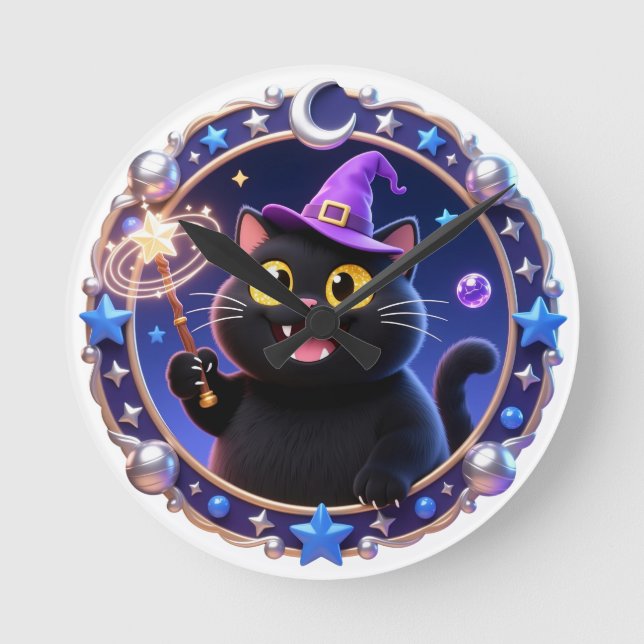 Whimsical Wizard Cat Magical Portrait Art Print Rund Klocka (Framsida)