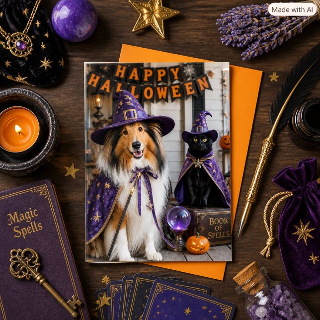 Whimsical Wizards Collie & Katt Halloween Vikning Kort (Skapare uppladdad)