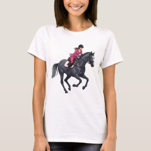Whimsical Woman Riding a Sleek Black Horse T Shirt